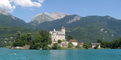 Swimming in Lake Annecy with the Alps in the background