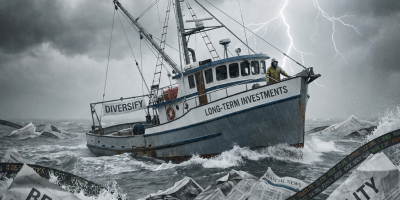 Boat labeled Long-Term Investments navigating rough seas filled with Bear Market and Volatility newspapers.