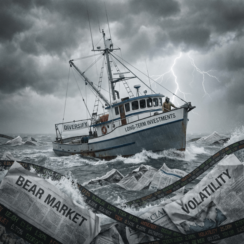 Boat labeled Long-Term Investments navigating rough seas filled with Bear Market and Volatility newspapers.